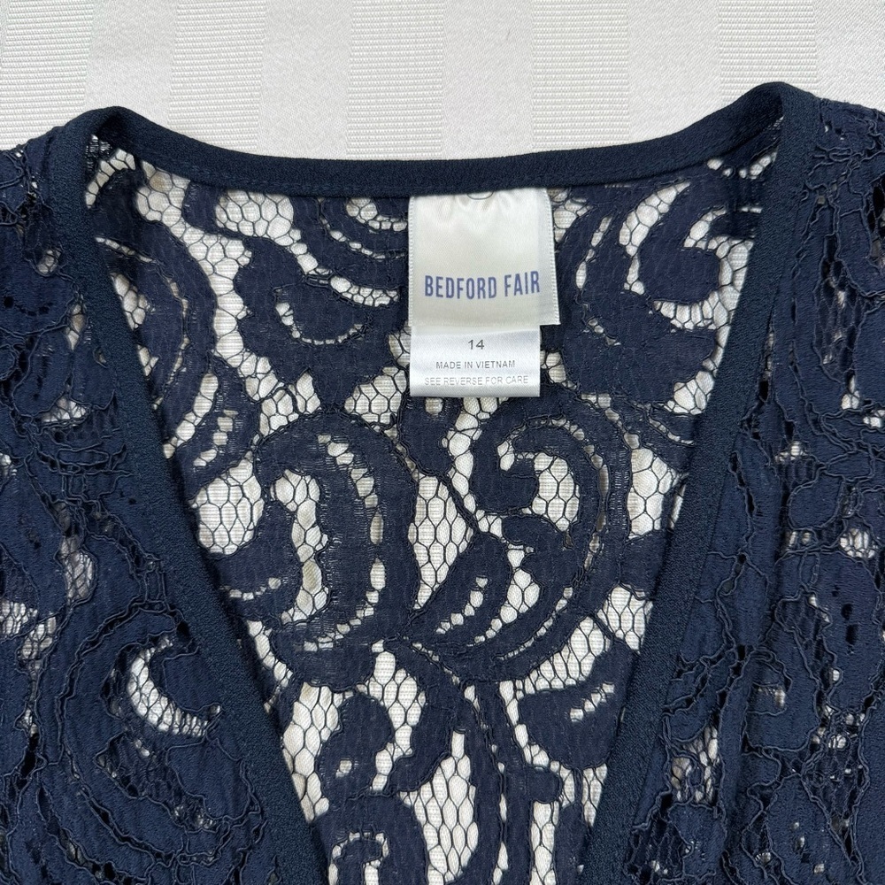 Bedford Fair Lace Tunic Cardigan Cover Open Front Jacket Sz 14 Navy Blue - Picture 5 of 11